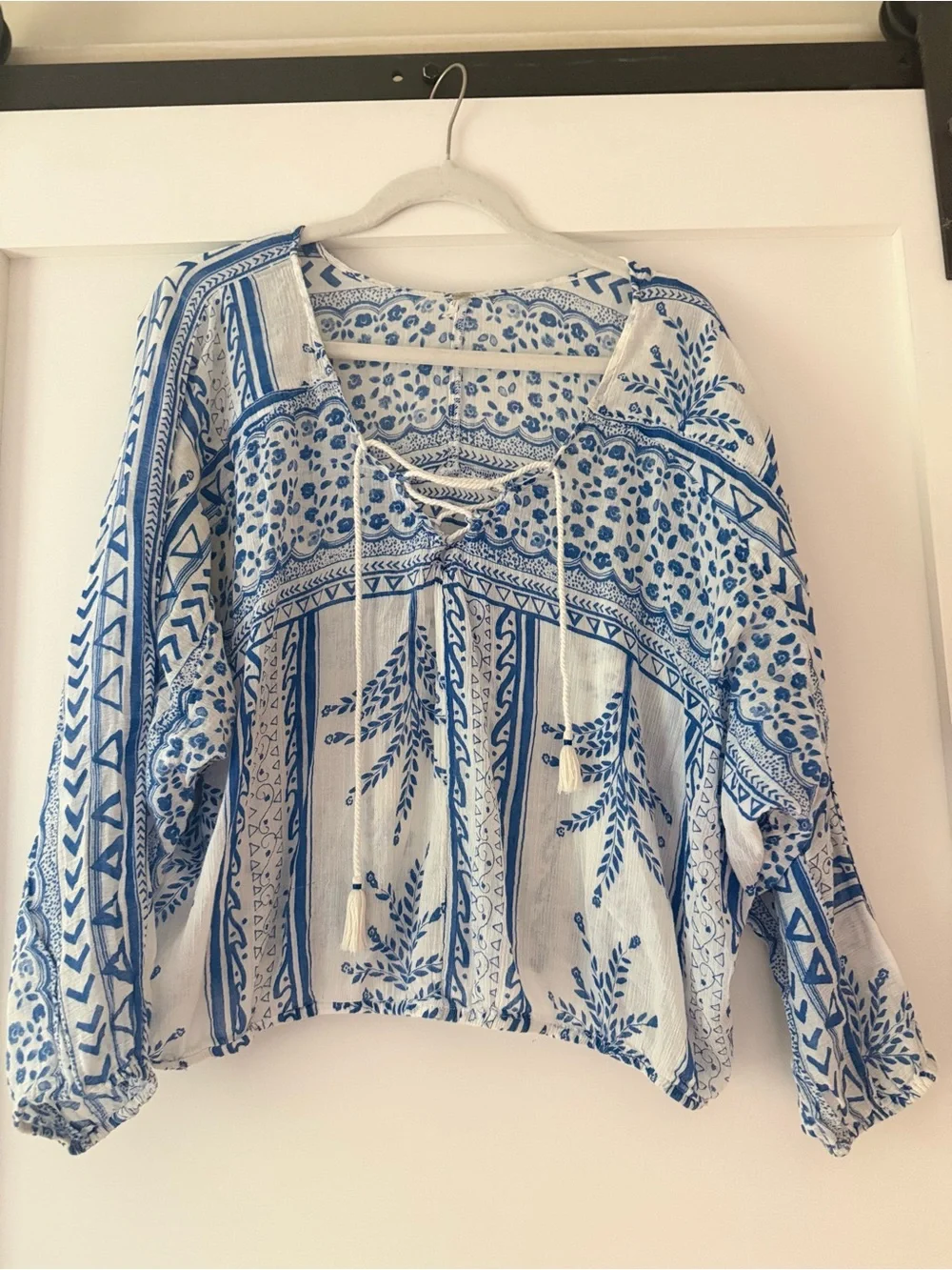 Free People Blue and White Lace-Up Printed Tunic
